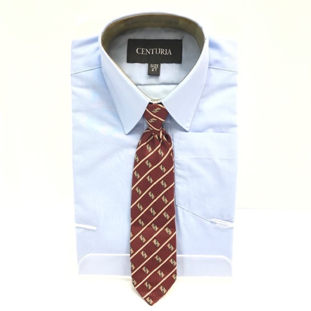 Centuria Boys Blue Dress Shirt Burgundy Khaki Cream Clip-on Tie Size 2T